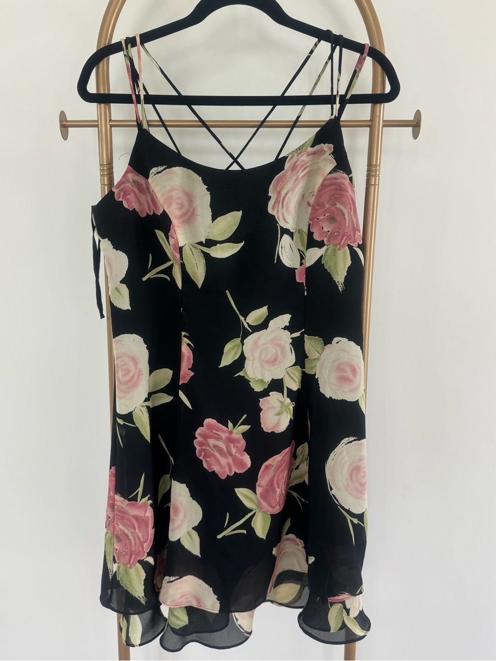 Floral Slip Mini Dress in Black with Pink Roses